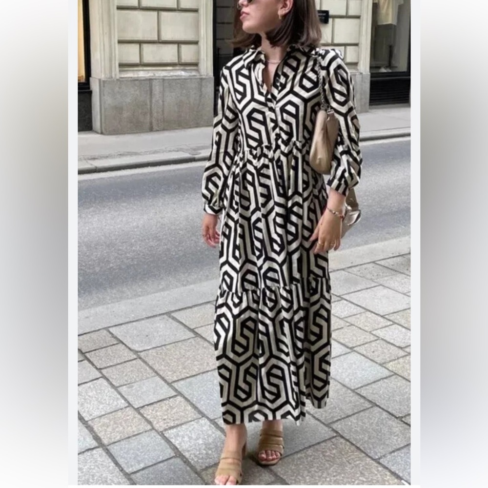 Zara long sleeve maxi dress geometric pattern